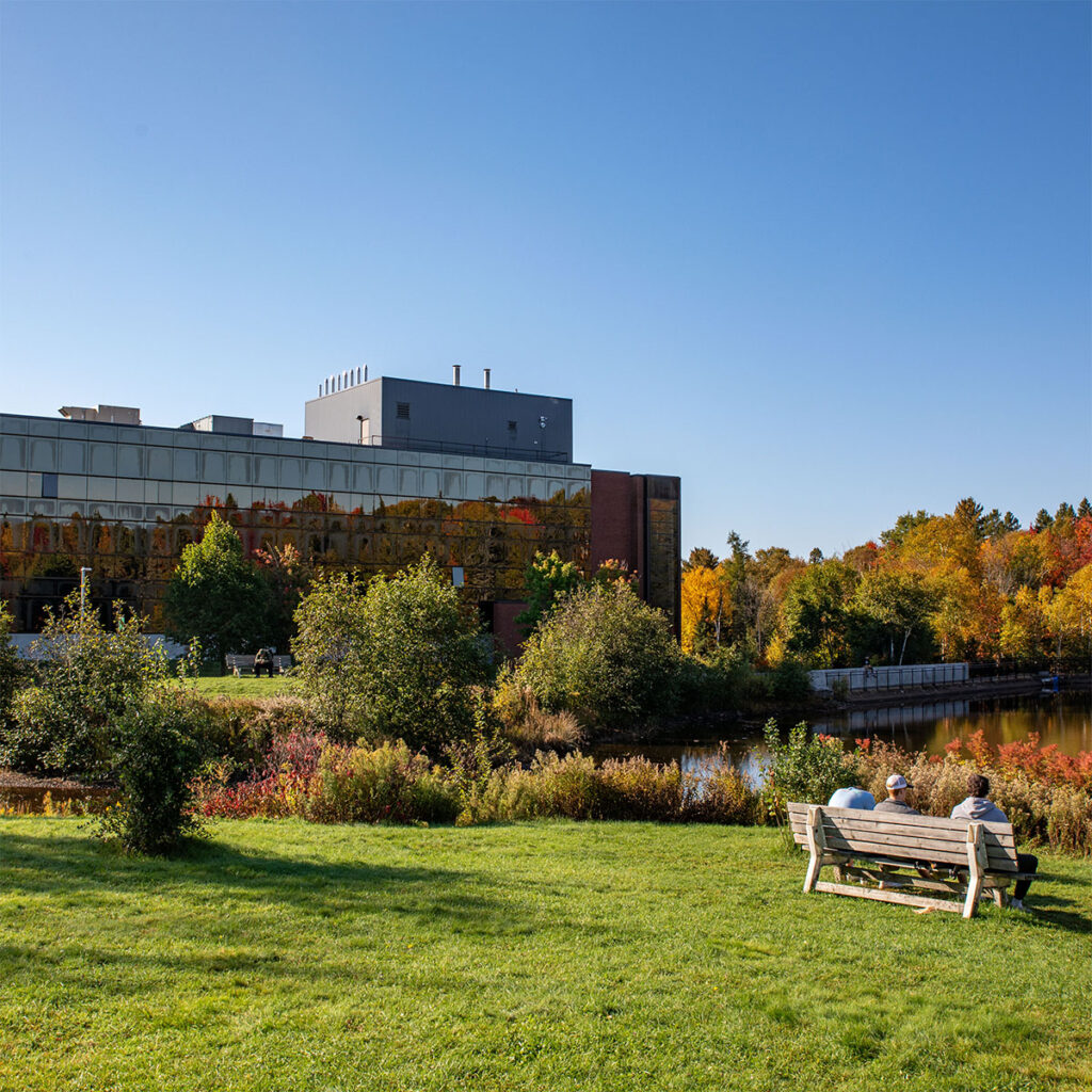 A fall picture of the campus building from the pond